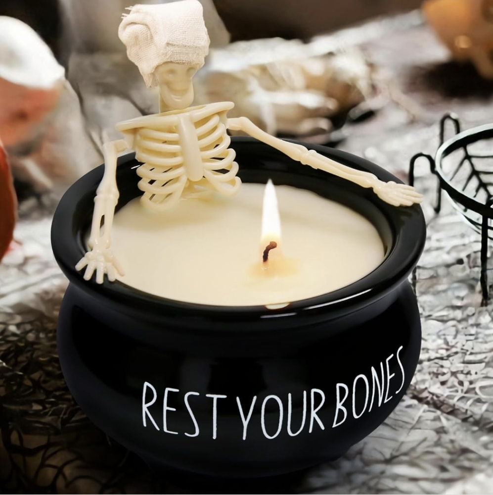 Rest Your Bones Black Cauldron Skeleton Candle